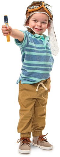 photo of a smiling young boy wearing a flight cap and thrusting forward a FlexPro® pen with his right hand