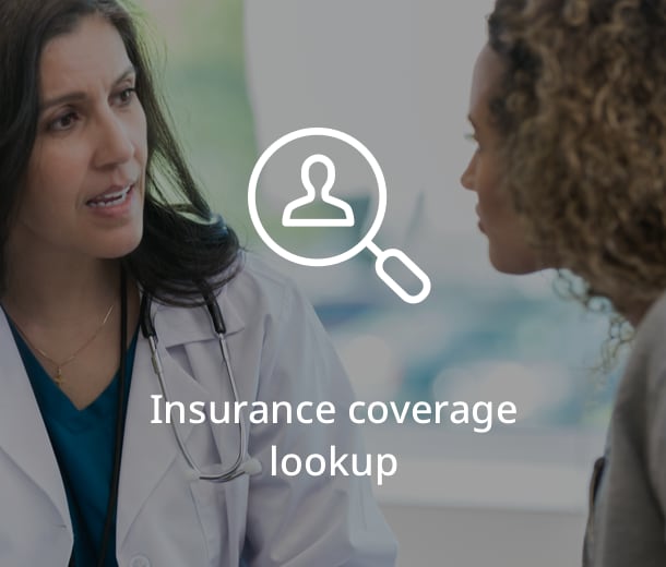 Illustration of a magnifying glass on top of a photo showing a health care provider speaking with a patient.