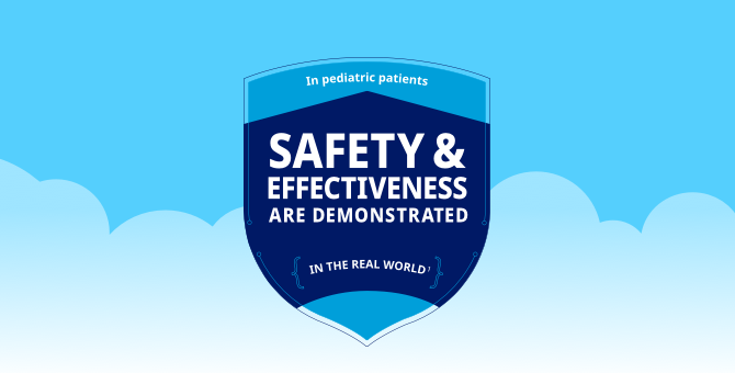 A blue badge/shield with text that says safety and efficacy in pediatric patients have been demonstrated in the real world