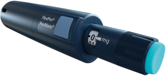 closeup of a Norditropin FlexPro PenMate device.