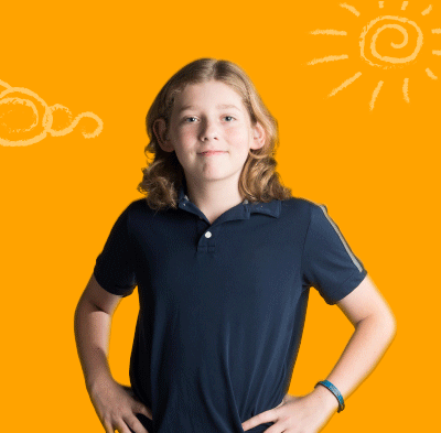 Animated GIF showing Josh, age 14, who uses Norditropin®. Behind him is an orange background with illustrations of clouds and sun, which move, and flowers, which grow.