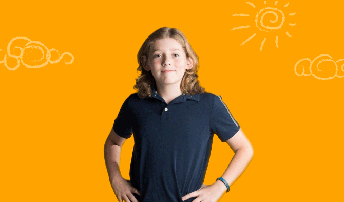 Animated GIF showing Josh, age 14, who uses Norditropin®. Behind him is an orange background with illustrations of clouds and sun, which move, and flowers, which grow.