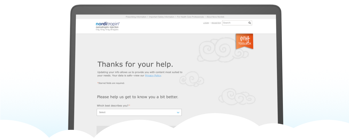 image of a laptop showing the welcome screen for My Toolbox at Norditropin.com