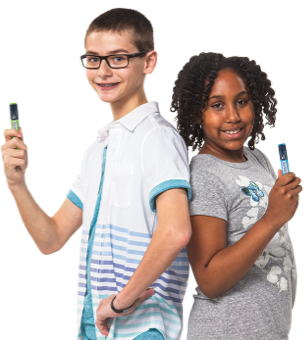 Two children, Izzy, age 13, and Olivia, age 11, stand back-to-back facing the camera. They are both holding a FlexPro® pen used for injections. Izzy has short hair and is wearing glasses and a blue-and-white shirt; Izzy has long curly hair and is wearing a gray T-shirt. Izzy has one hand on his hip. They are both smiling.