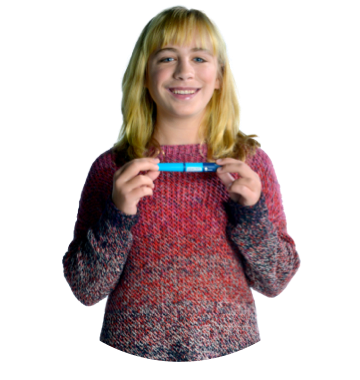 Sara, age 13, is pictured from the waist up, smiling and holding a FlexPro® pen at chest height. She has blonde hair and wears a red and gray sweater.