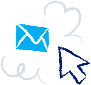 Crayon-style drawing of a computer cursor clicking on an email envelope.