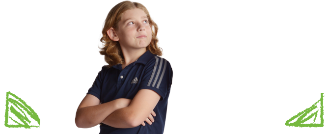 Photo of a young boy grinning and looking upward, next to an arrow pointing the same direction.