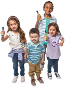 Four children of different ages, races, and colorful casual clothes stand facing the camera. Each one is holding a FlexPro® pen in their right hand; some of them are lifting it towards the camera.