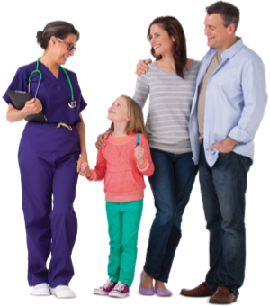 A physician speaks with a family: mother, father, and young daughter. They stand close together, the father’s arm around the mother, the physician holding the daughter’s hand. They are smiling. The family is casually dressed; the physician wears dark blue medical scrubs and holds a tablet. She also has a stethoscope around her neck.